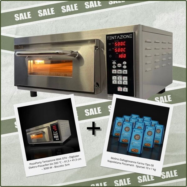 Tentazione MAX GT4 Elektro-Pizzaofen (500 °C, Biscotto 3 cm) + Farina Tipo 00 Napoletana (10× 1 kg)
