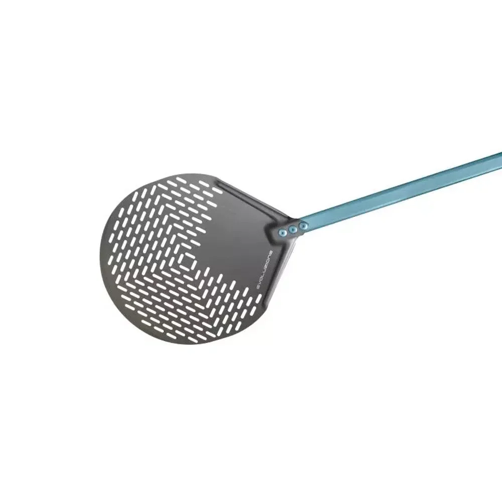 Gi.Metal Evoluzione Pizzaschaufel rund perforiert, dunkles S.H.A.-Blatt Ø 33 cm mit blauem Stiel