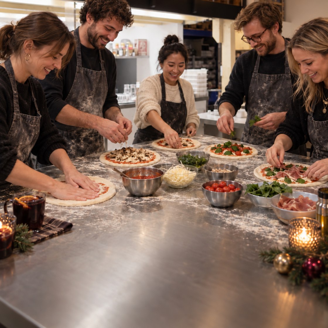 Entspannte Runde mit Punsch-Bechern belegt gemütlich die eigene Pizza in der Workshop-Küche