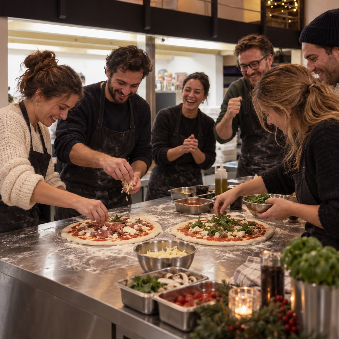 Kleine Gruppe belegt gemeinsam zwei Pizzen an einem Holztisch in der Workshop-Küche, im Hintergrund glüht der Pizzaofen